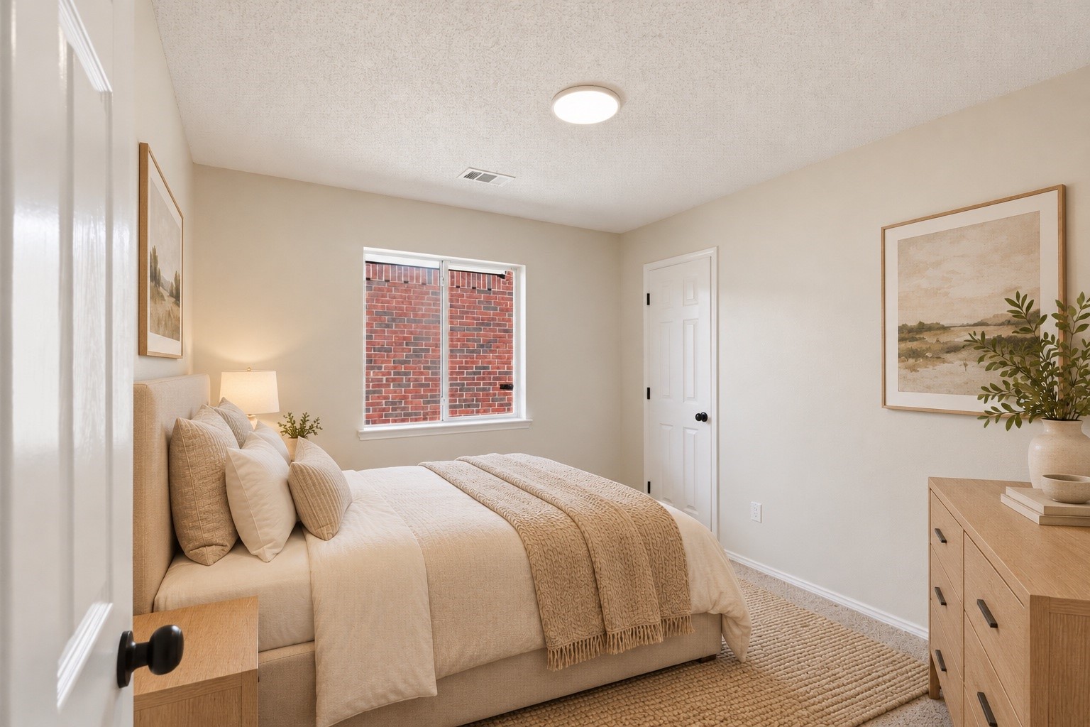 Staged neutral bedroom with a cream bed, textured throw, and window overlooking a brick wall.