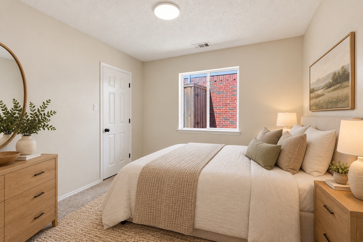 Staged bedroom with a cream bed, wood furnishings, and a window facing a brick wall.