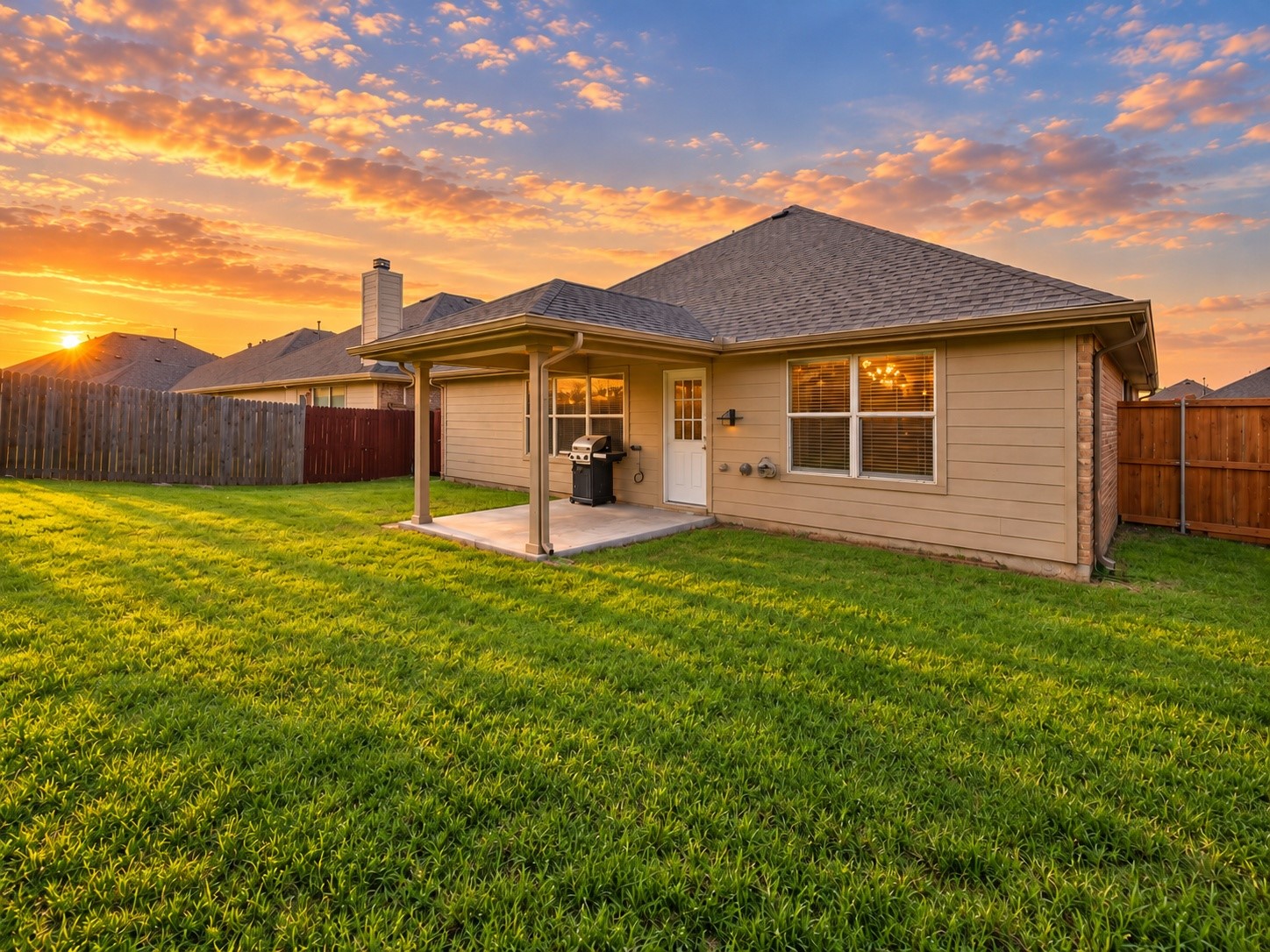 Home’s fenced backyard with a covered patio and grill at sunset.