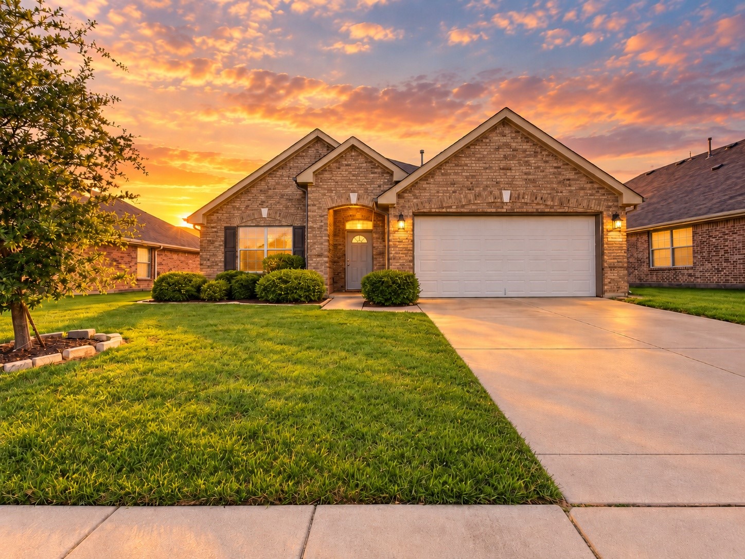 Brick house with a two-car garage, landscaped lawn, and driveway at sunset.