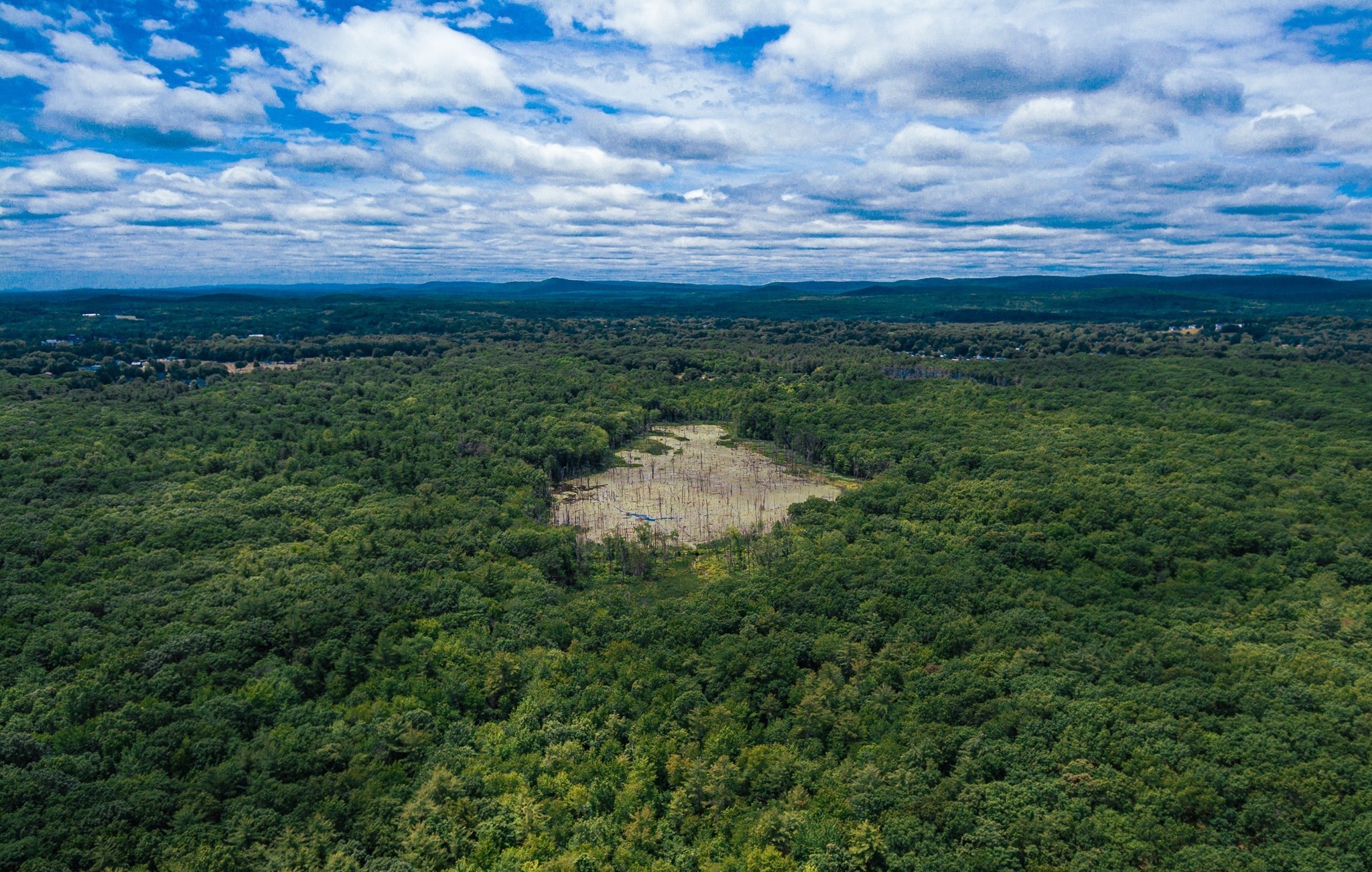 Aerial view of wooded land with a large clearing surrounded by forest.