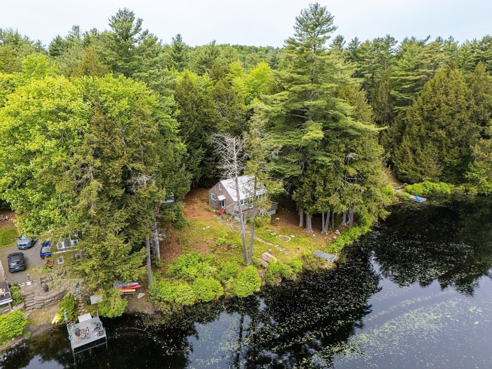 Aerial view of a wooded lakeside house with a dock and dense tree cover.