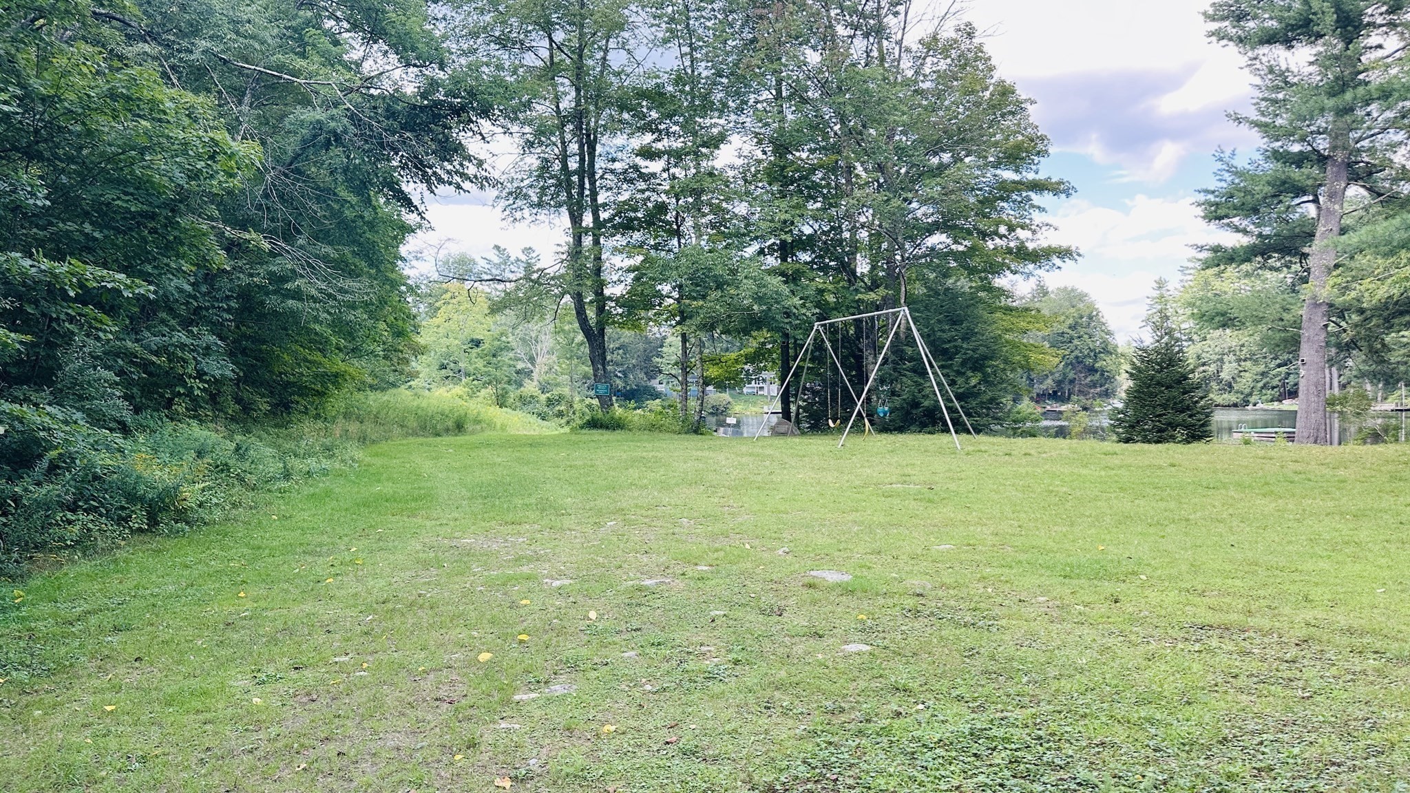 Grassy, tree-lined yard with a swing set and pond beyond.