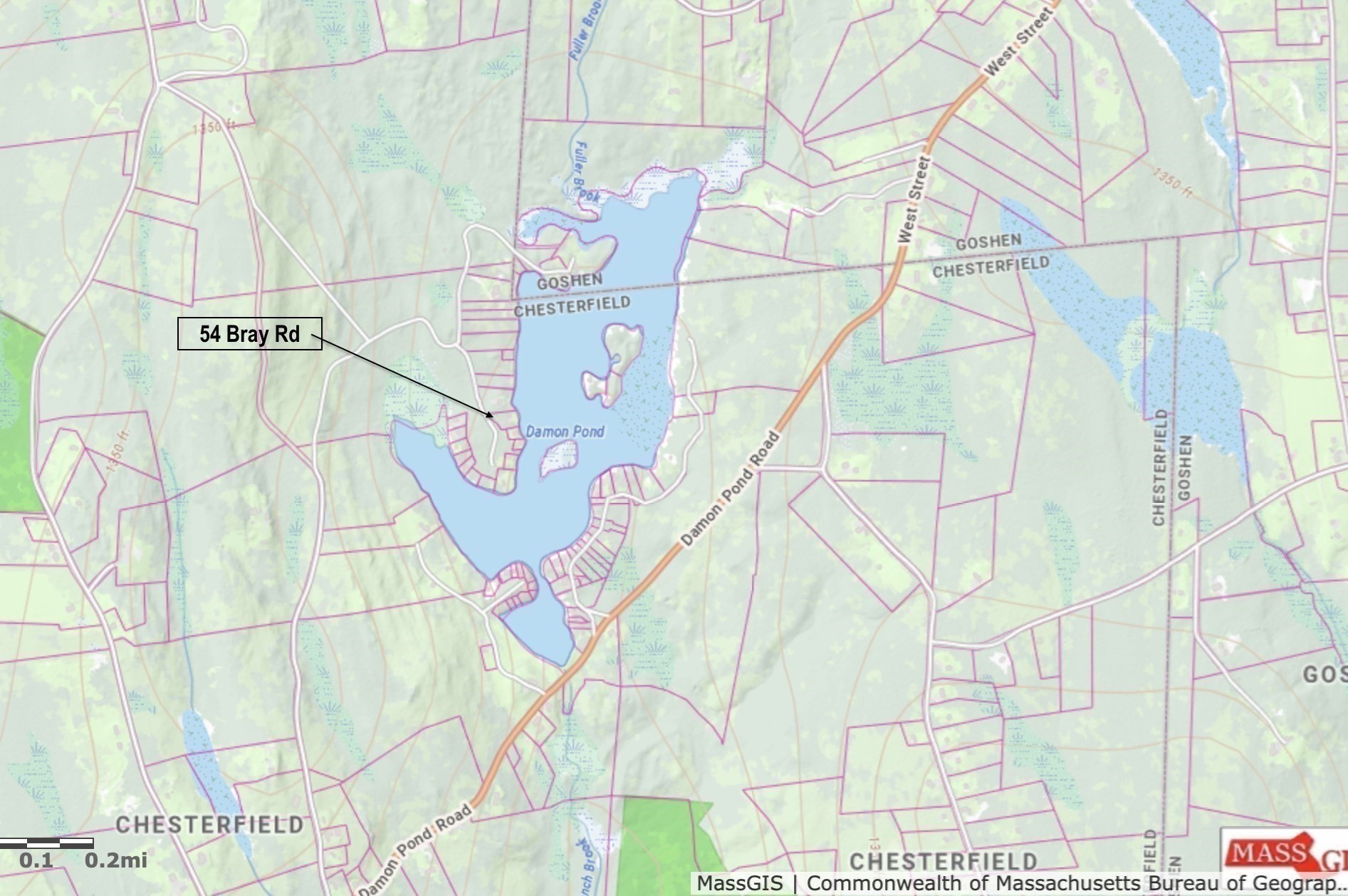 Map marking 54 Bray Rd beside Damon Pond in Chesterfield, Massachusetts.