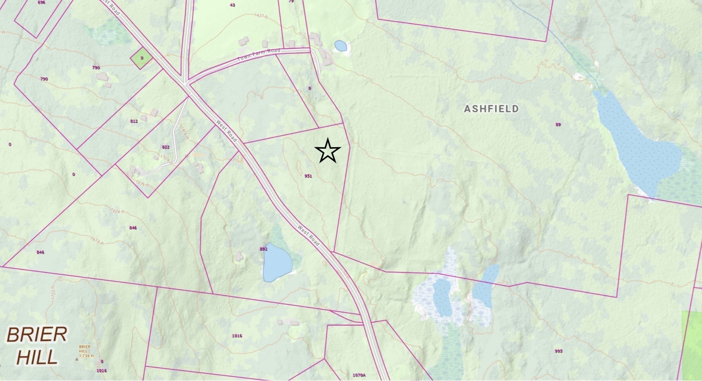 Map marking the 951 West Road parcel in Ashfield, with nearby roads, property boundaries, and ponds.