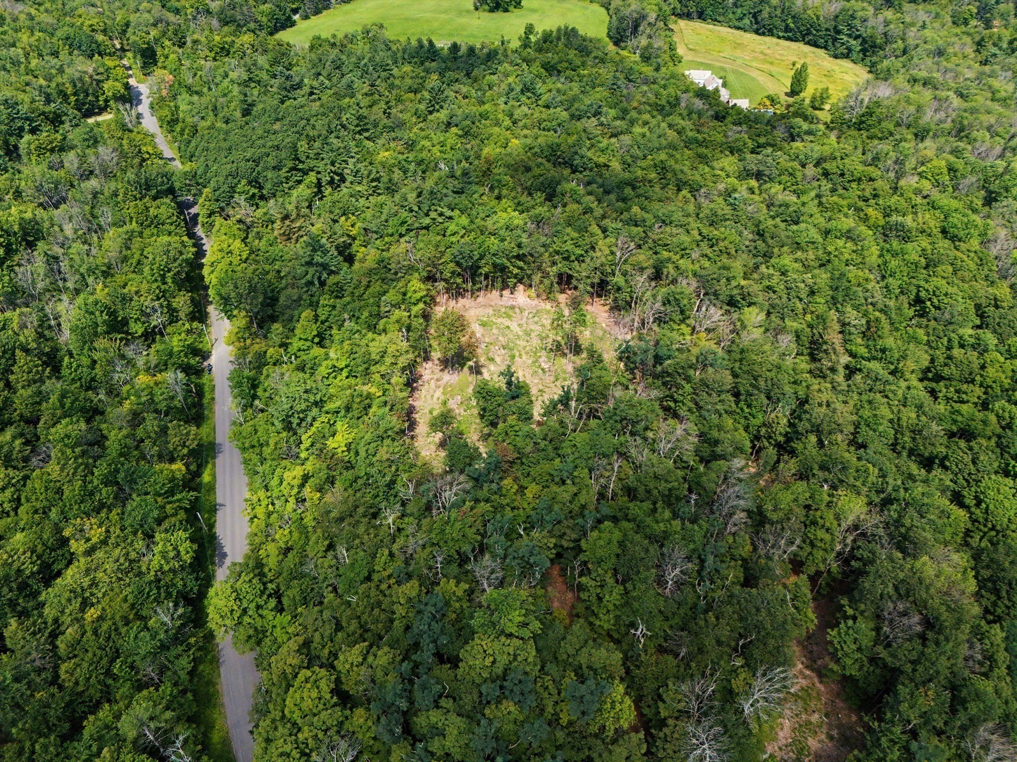 Aerial view of a forested property with a clearing beside a winding road.