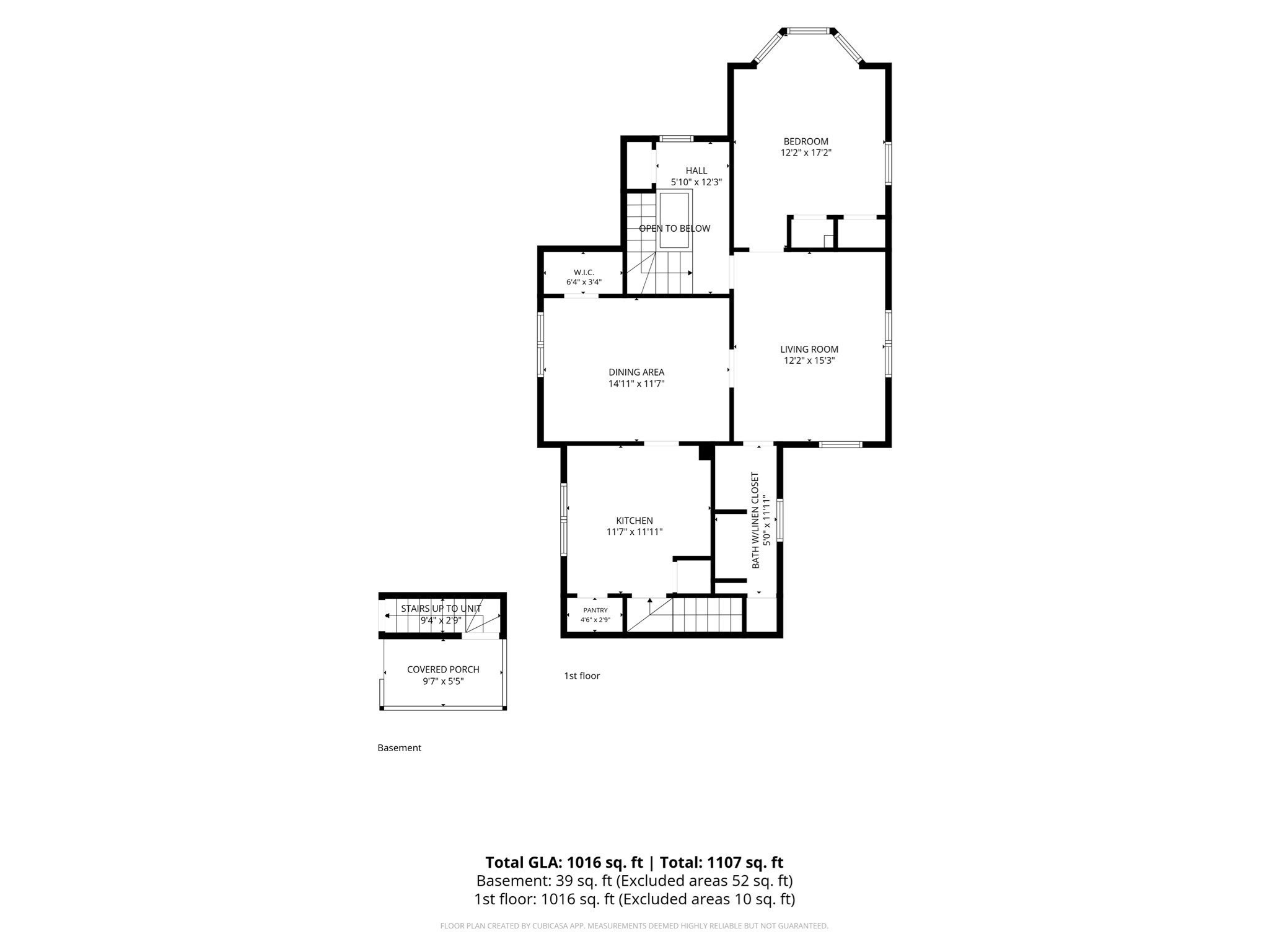 Floor plan showing a bedroom, living room, dining area, kitchen, bathroom, and basement covered porch.