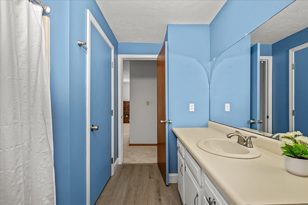 Bathroom with blue walls, a long white vanity, mirrored cabinet, and shower curtain.