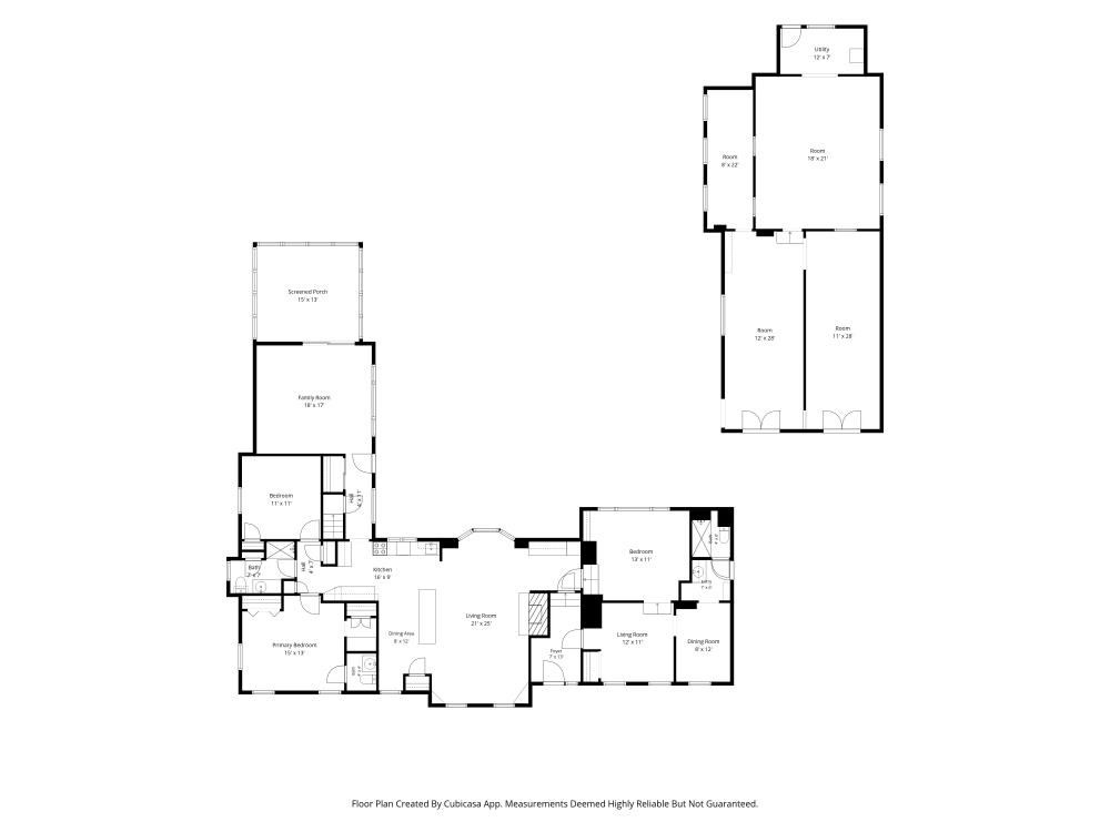 Floor plan showing the home's rooms, including a screened porch, family room, kitchen, and bedrooms.