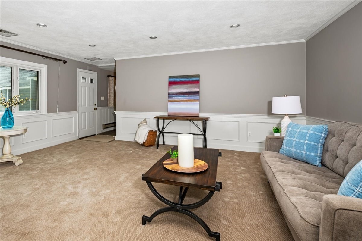 Living room with beige carpet, white wainscoting, and a gray sofa with blue pillows.
