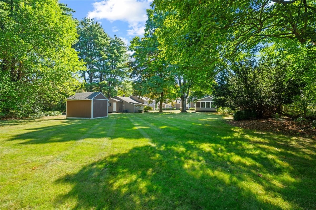 Property exterior with a broad lawn, mature trees, and a detached shed.