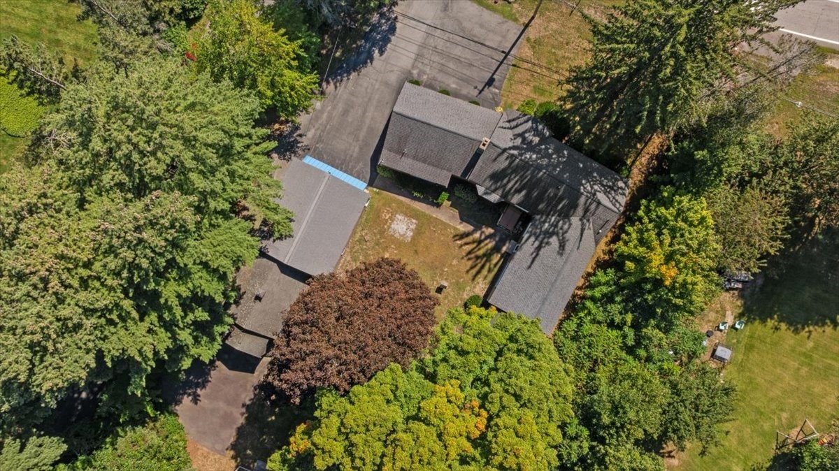 Aerial view of a multi-wing home nestled among mature trees, with a driveway and lawn.