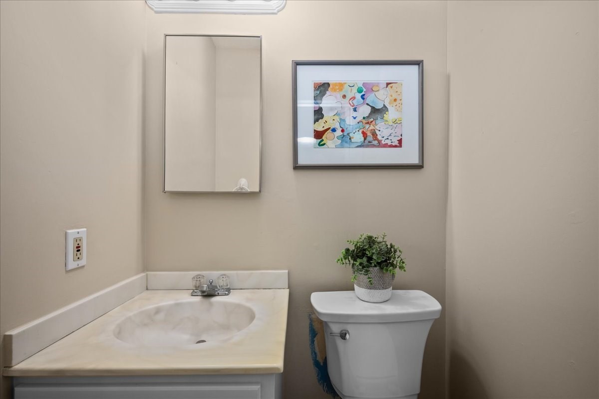 Bathroom with a cream vanity, oval sink, wall mirror, and toilet topped with a potted plant.