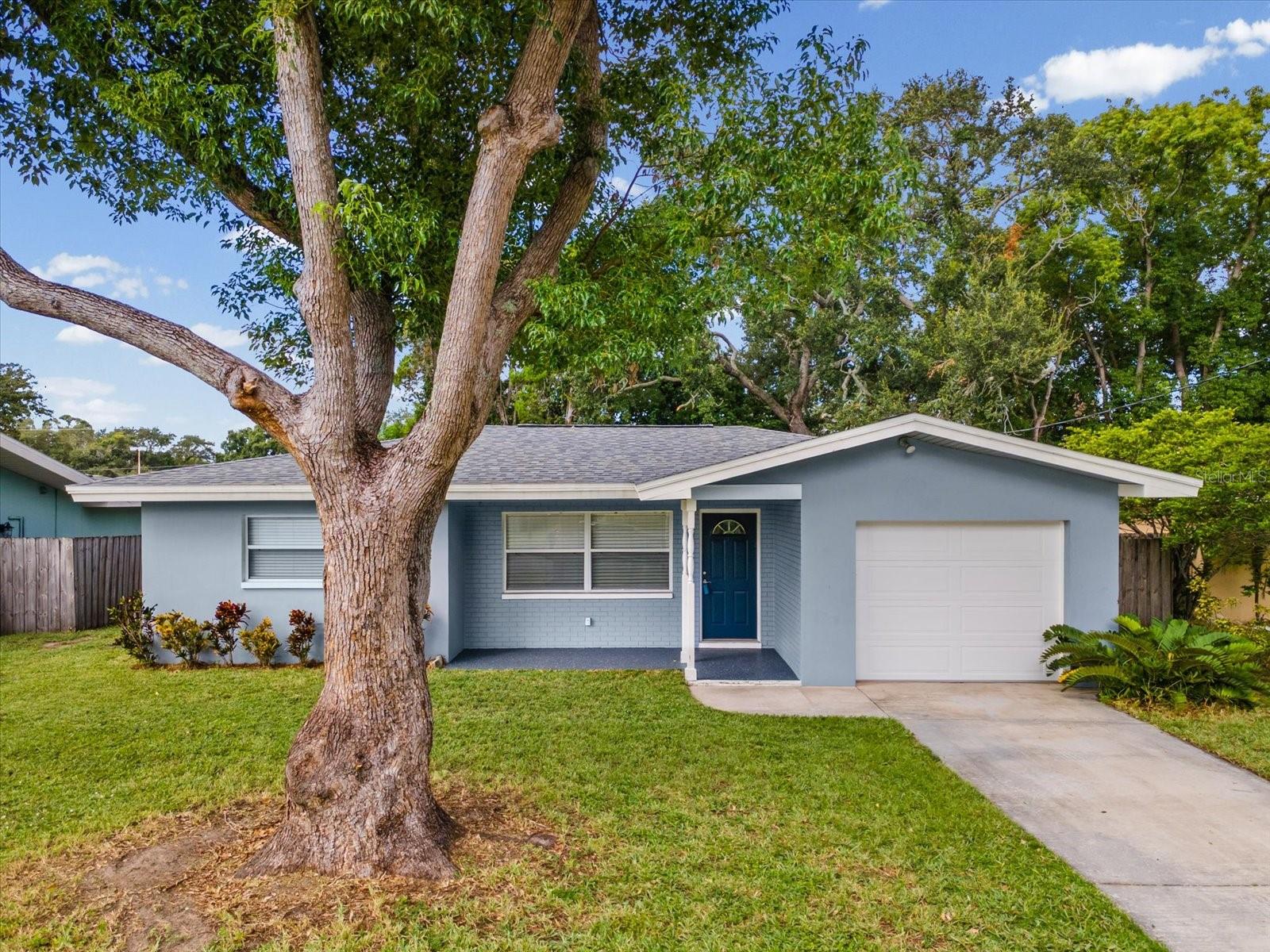 Single-story blue-gray house with a white garage and a large tree in the front yard.