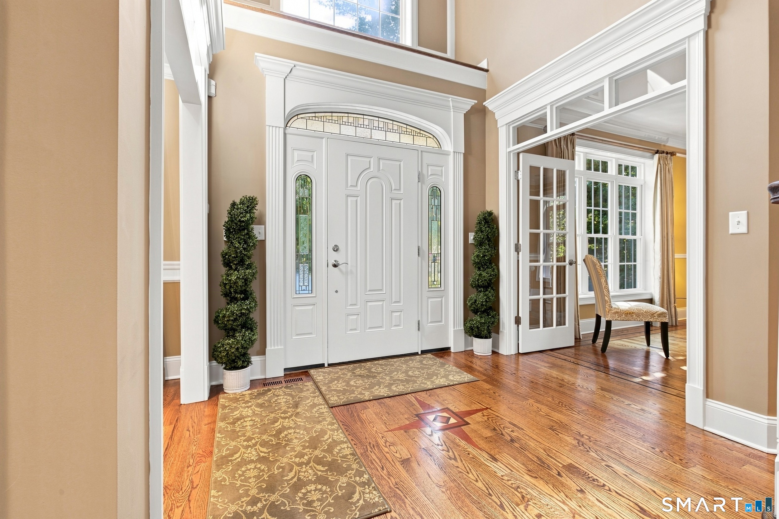 Entry foyer with a white double door, patterned rugs, polished hardwood floors, and glass-paneled interior doors.