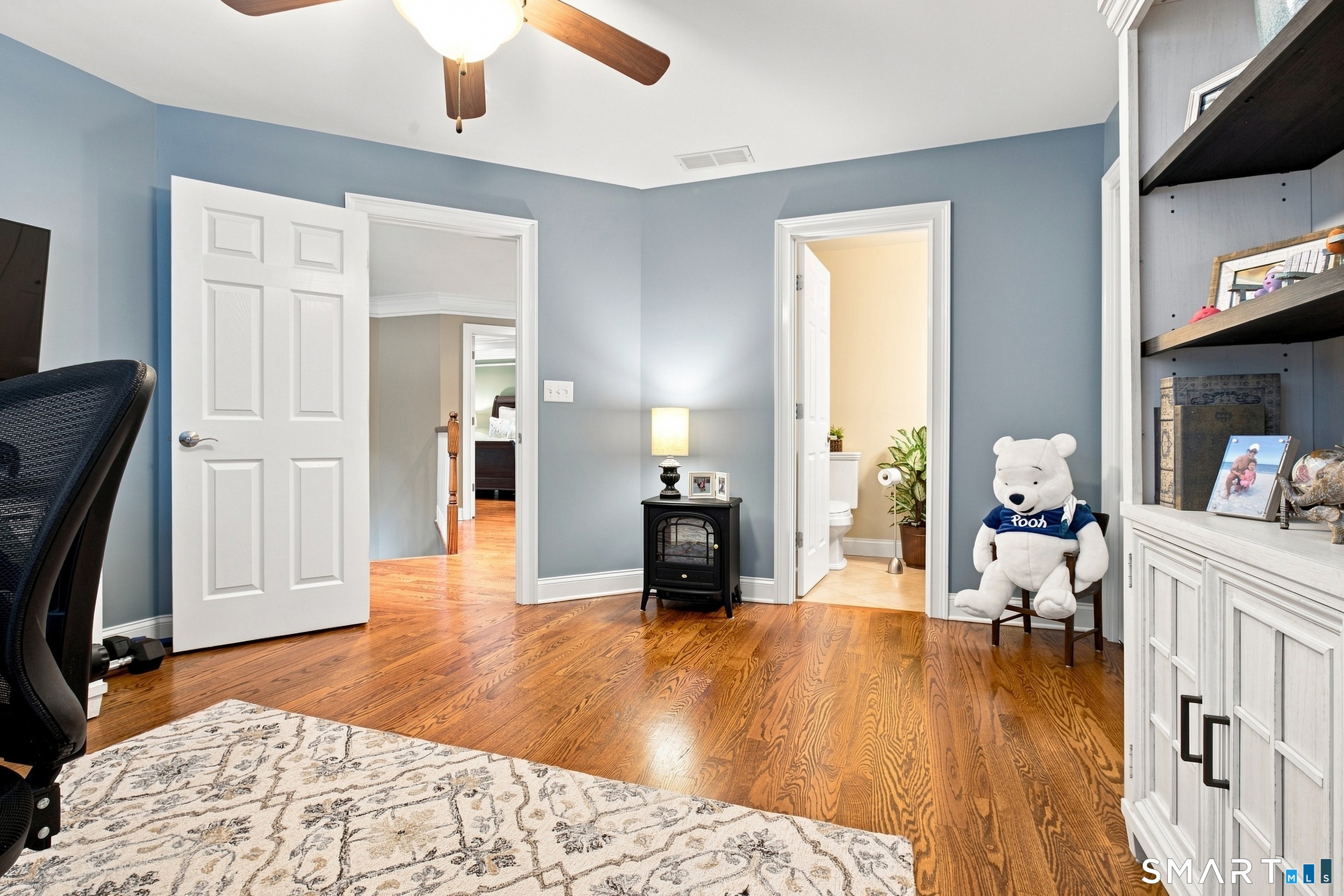 Furnished blue room with hardwood floors, built-in shelving, and a small black stove-style fireplace.