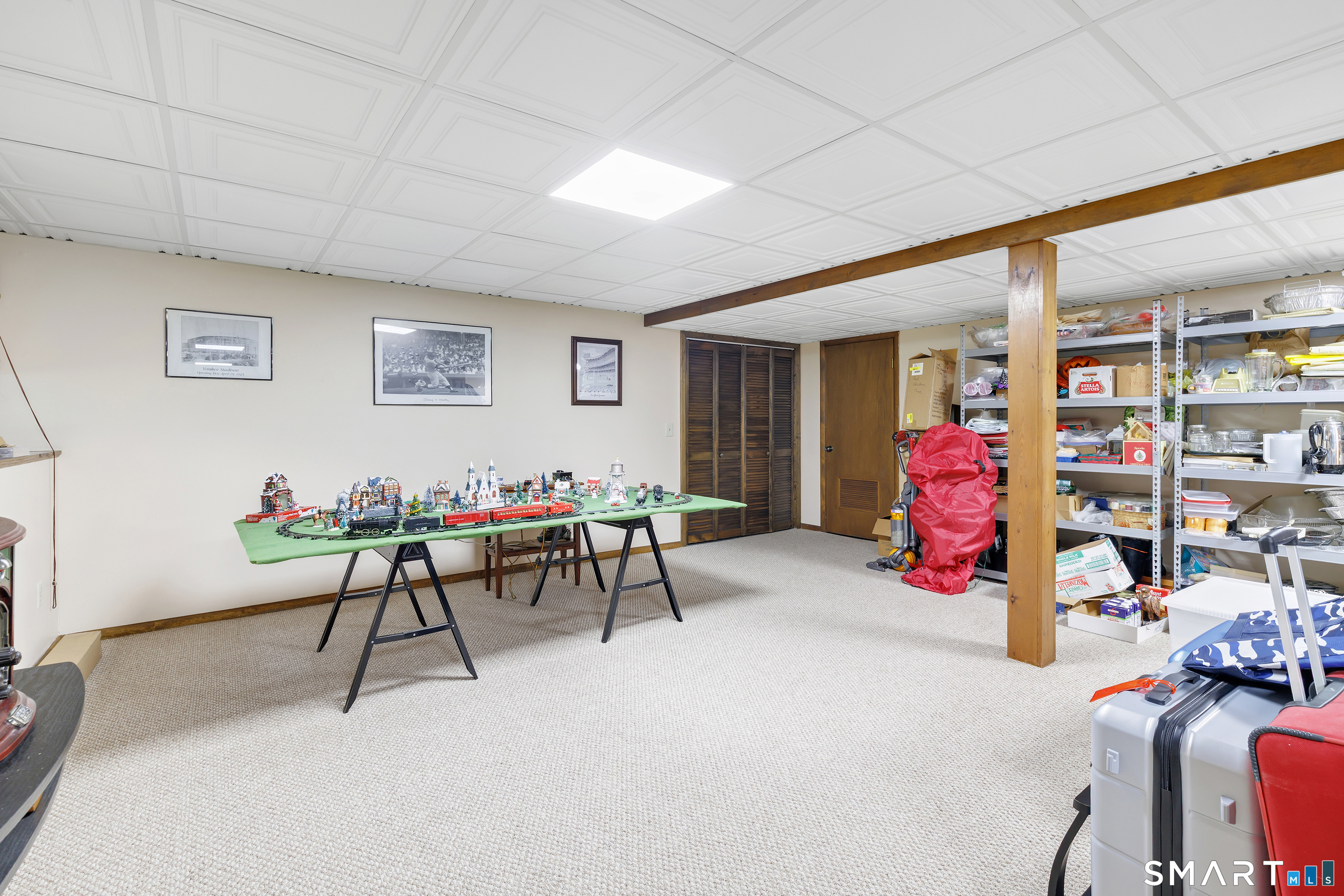Carpeted basement room with a model train display and storage shelves.