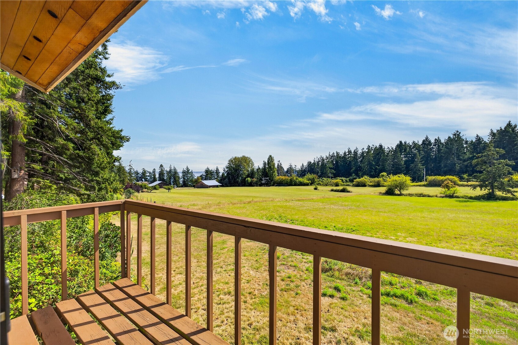 Wooden deck overlooking a broad grassy meadow bordered by evergreen trees.