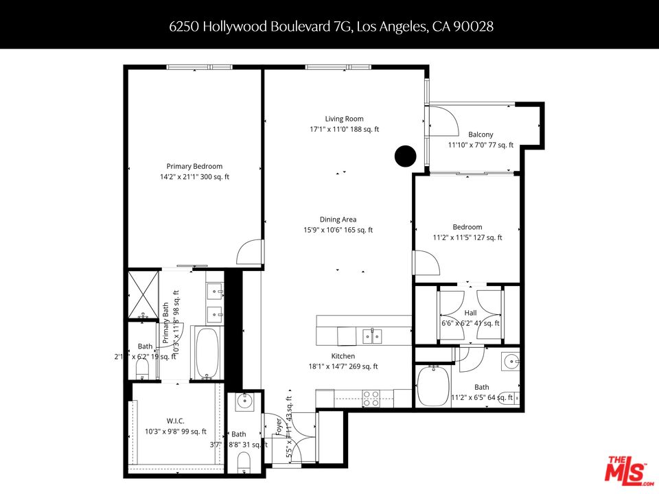 Floor plan for 6250 Hollywood Boulevard Unit 7G, with two bedrooms, kitchen, living and dining areas, balcony, and baths.