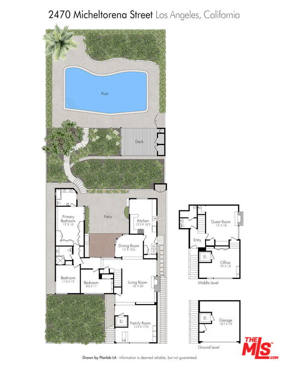 Two-level floor plan with a pool, patio, bedrooms, living and dining rooms, office, and garage.