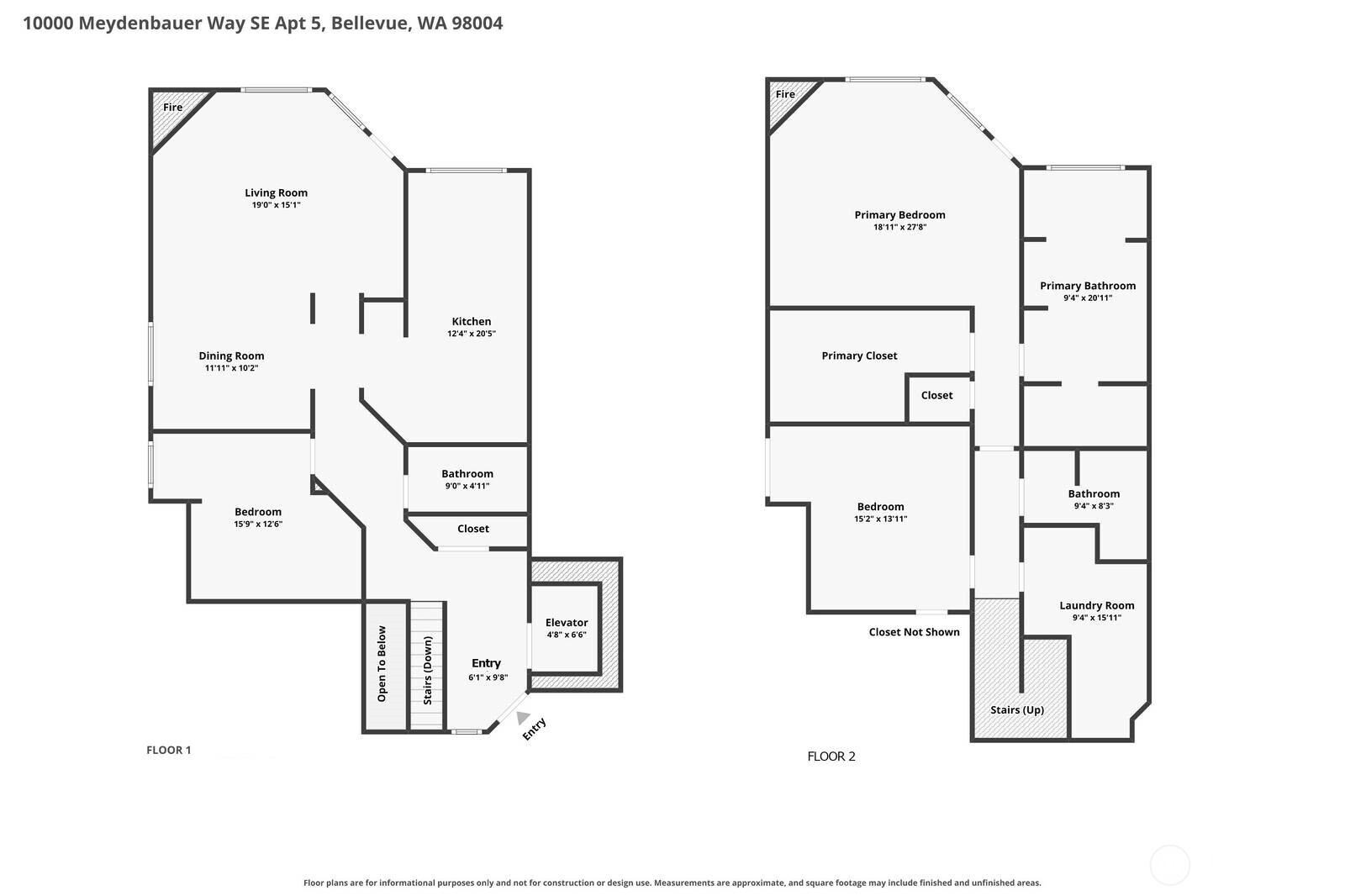 Two-floor condo plan showing the living areas downstairs and bedrooms, bathrooms, and laundry upstairs.