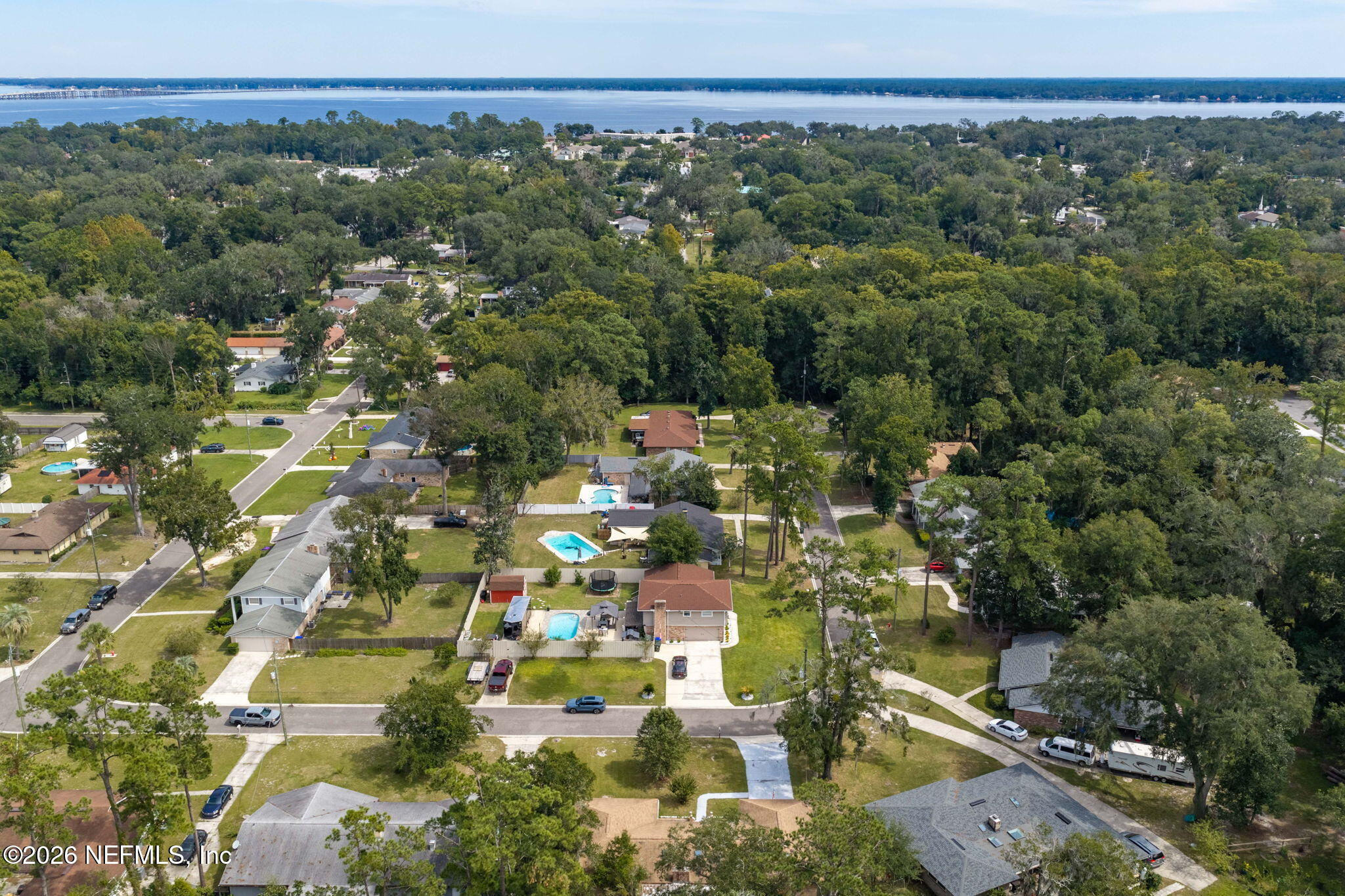 Aerial view of a tree-filled neighborhood with backyard pools and a broad body of water beyond.