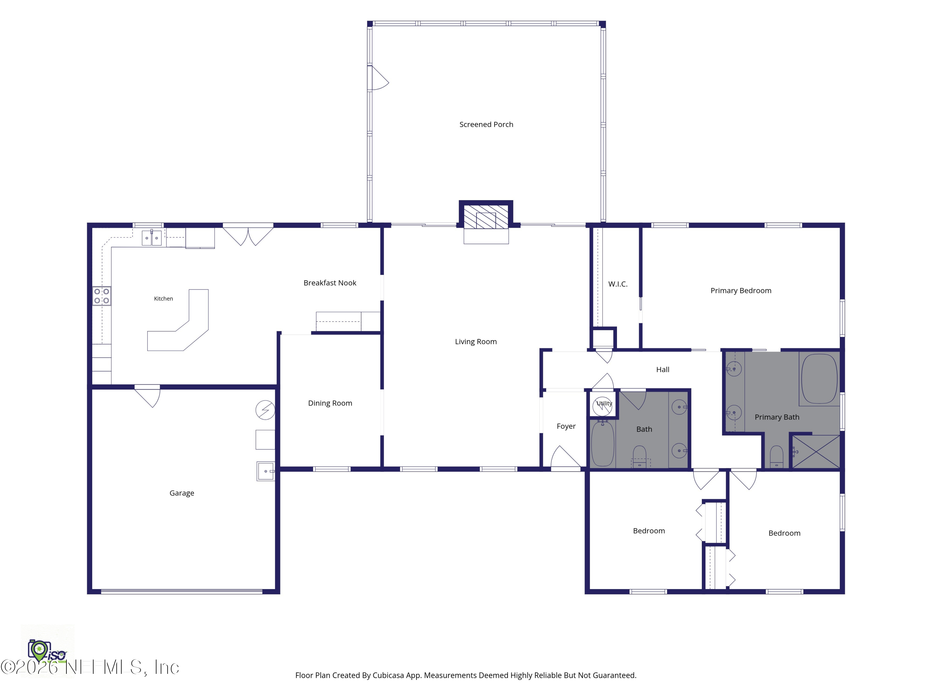 Floor plan showing three bedrooms, two bathrooms, screened porch, garage, and open living and dining areas.