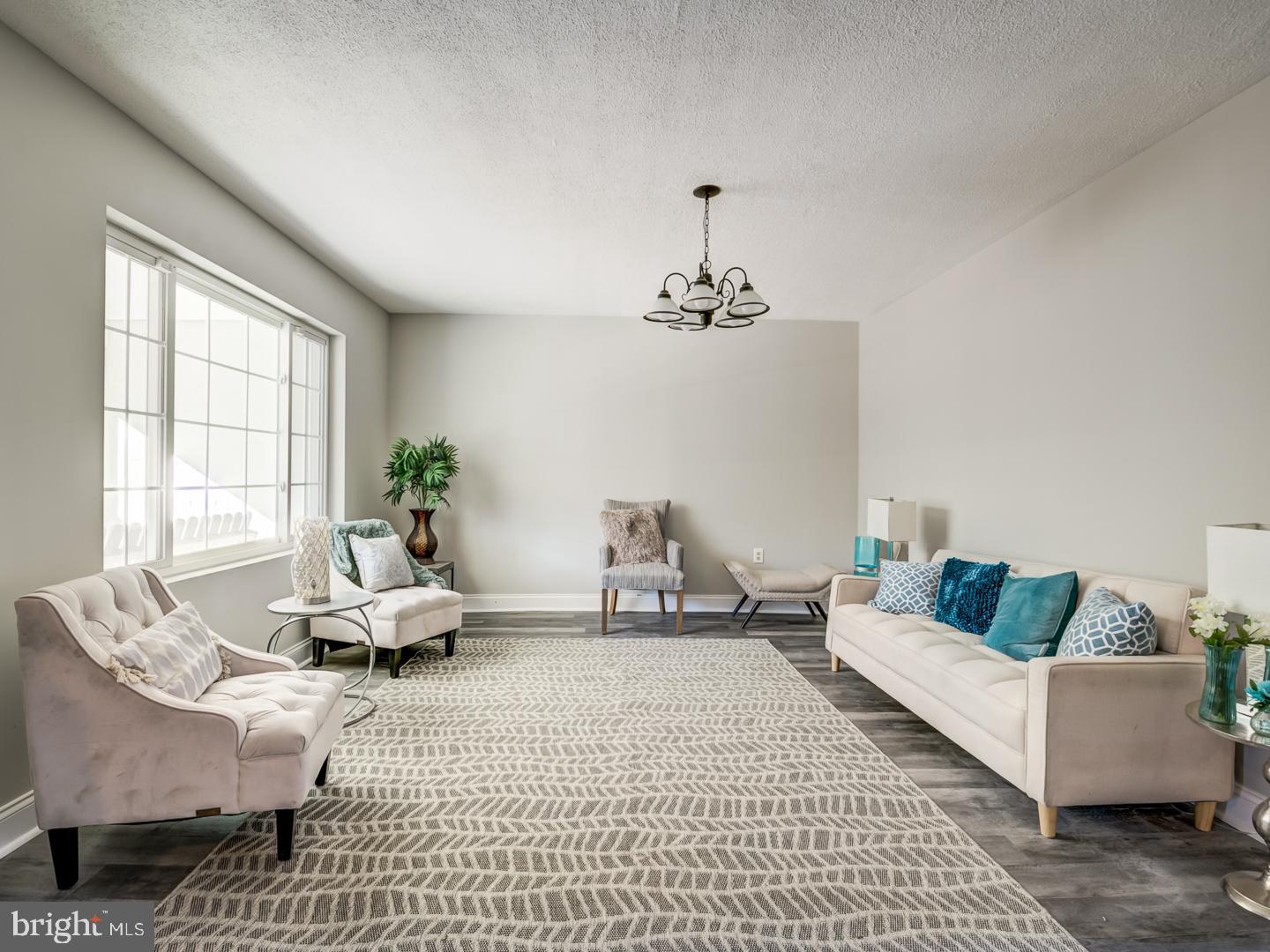 Staged living room with pale seating, a large patterned rug, and a wide window.
