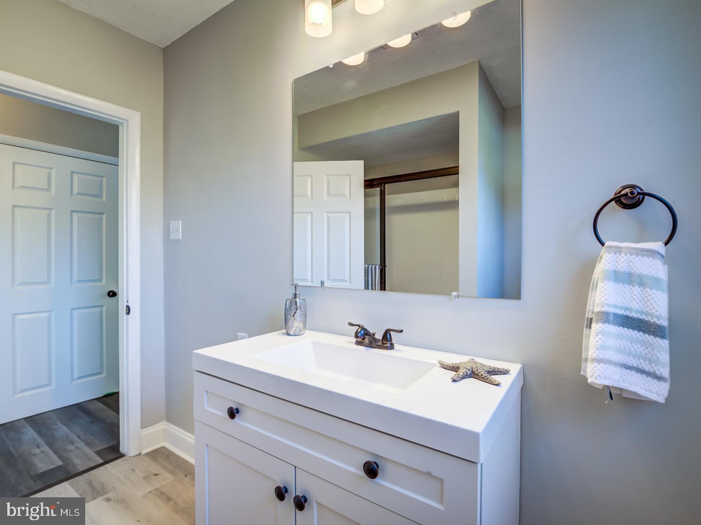 Bathroom with a white vanity, large mirror, and shower reflected behind it.