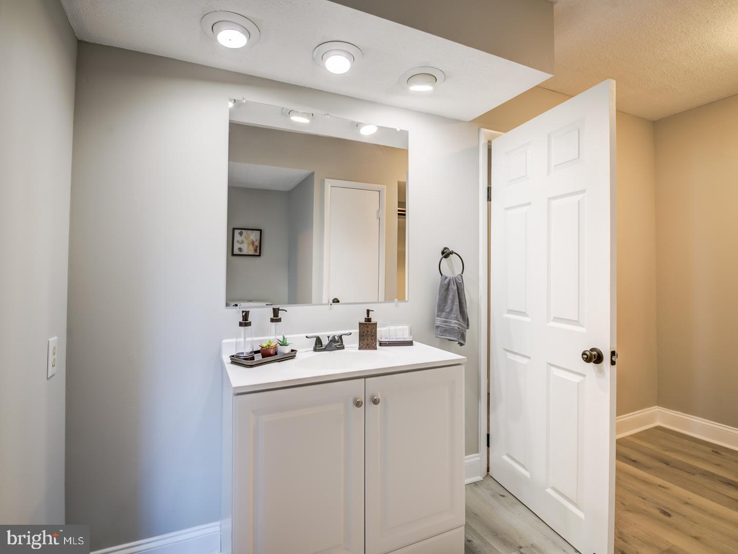 Bathroom vanity with a large mirror, recessed lighting, and an open paneled door.