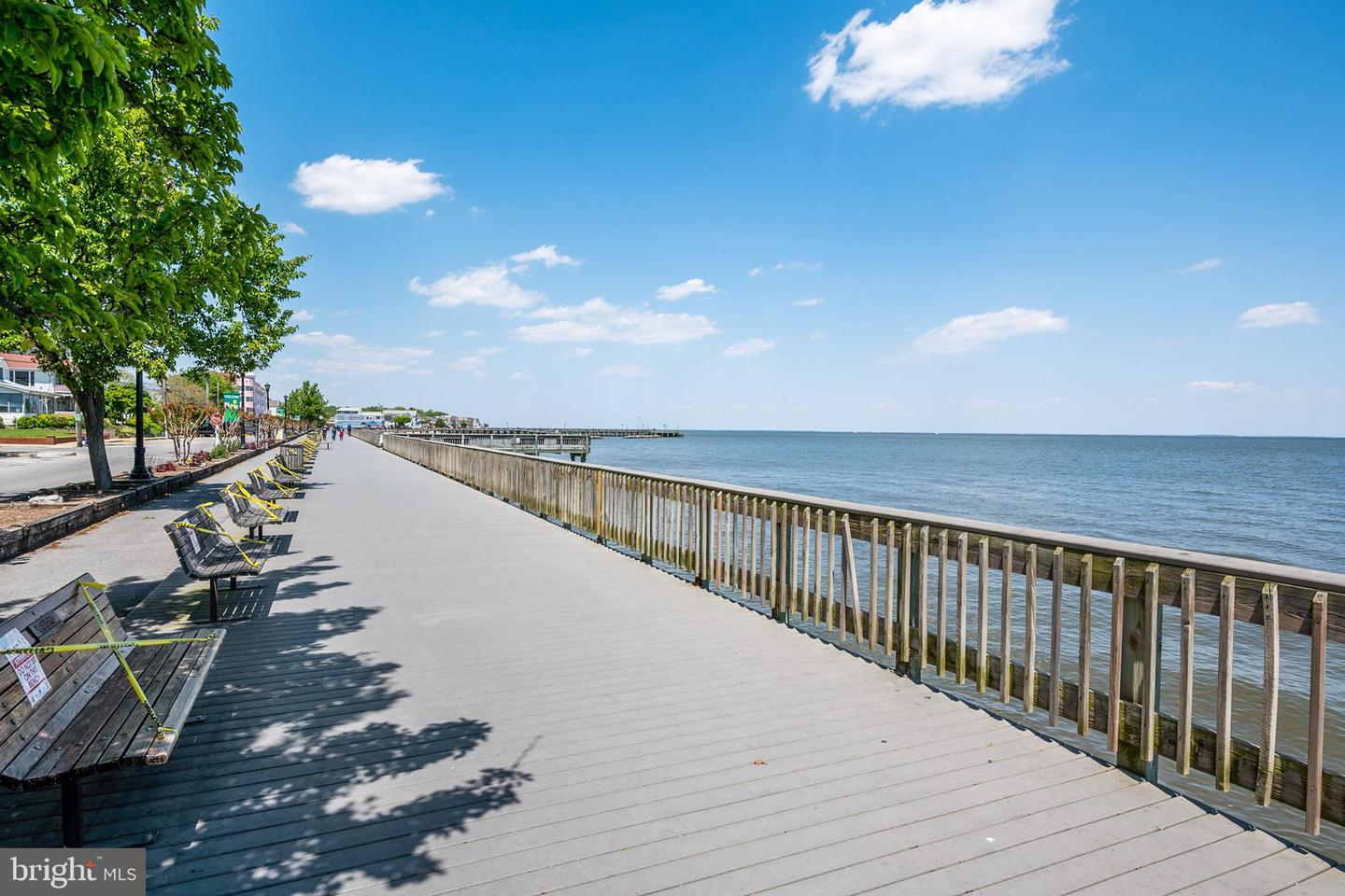 Waterfront boardwalk with benches and trees beside calm water.