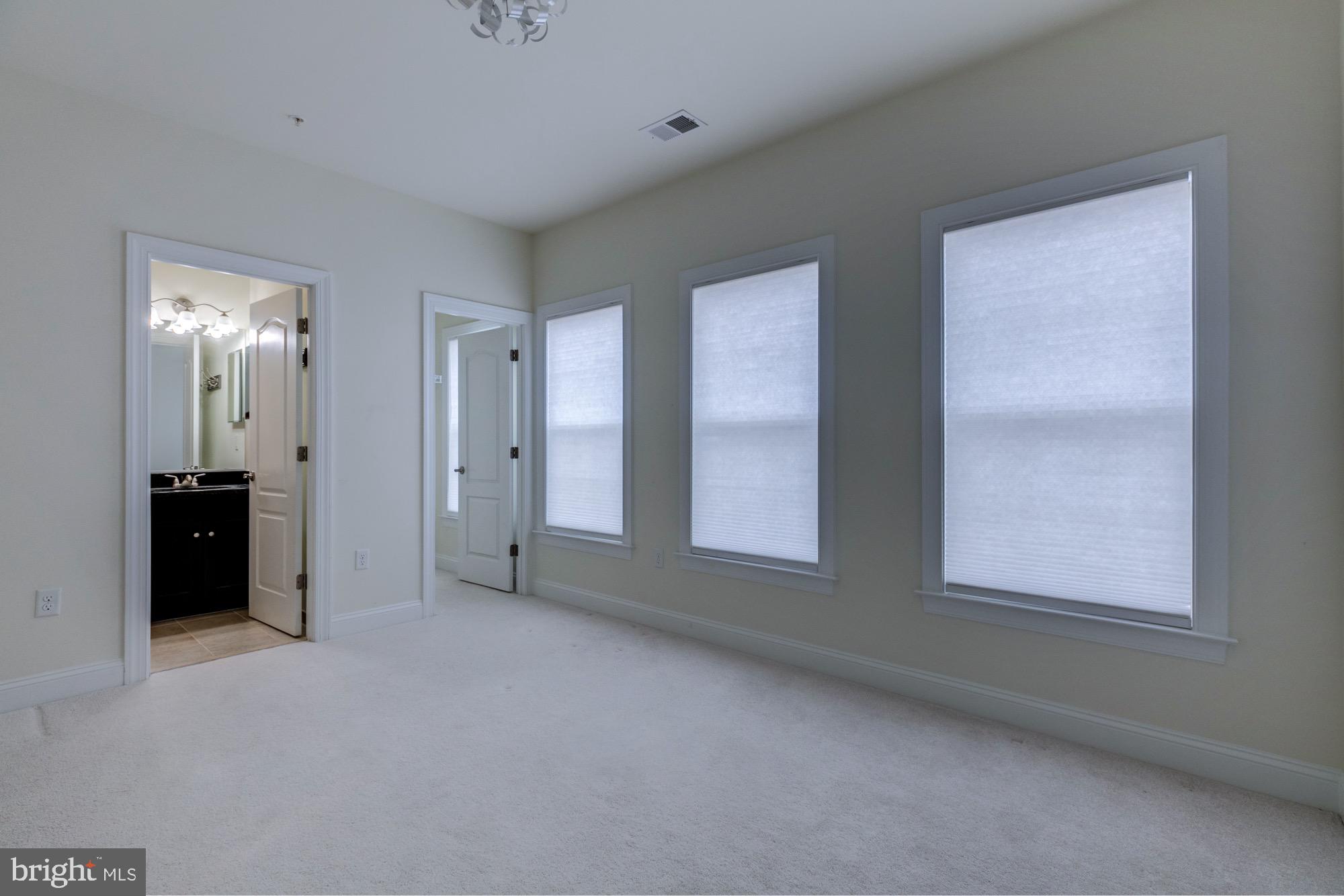 Empty carpeted bedroom with three shaded windows and an open doorway to an adjoining bathroom.