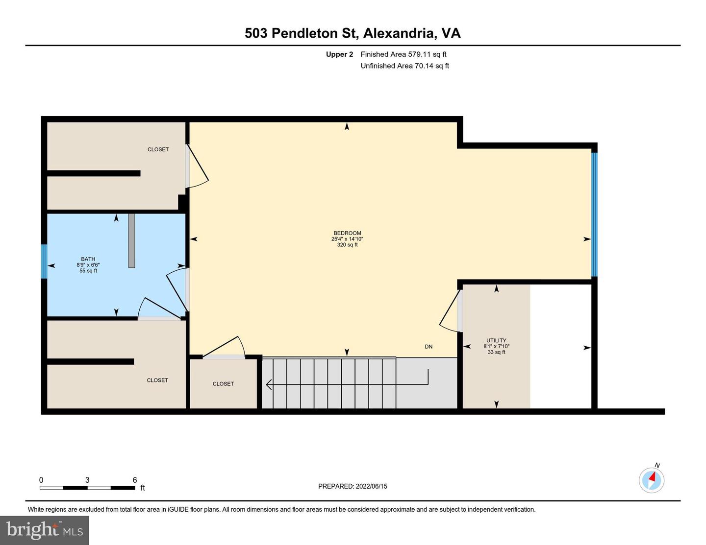 Upper-level floor plan with a large bedroom, bathroom, closets, utility area, and stairs.