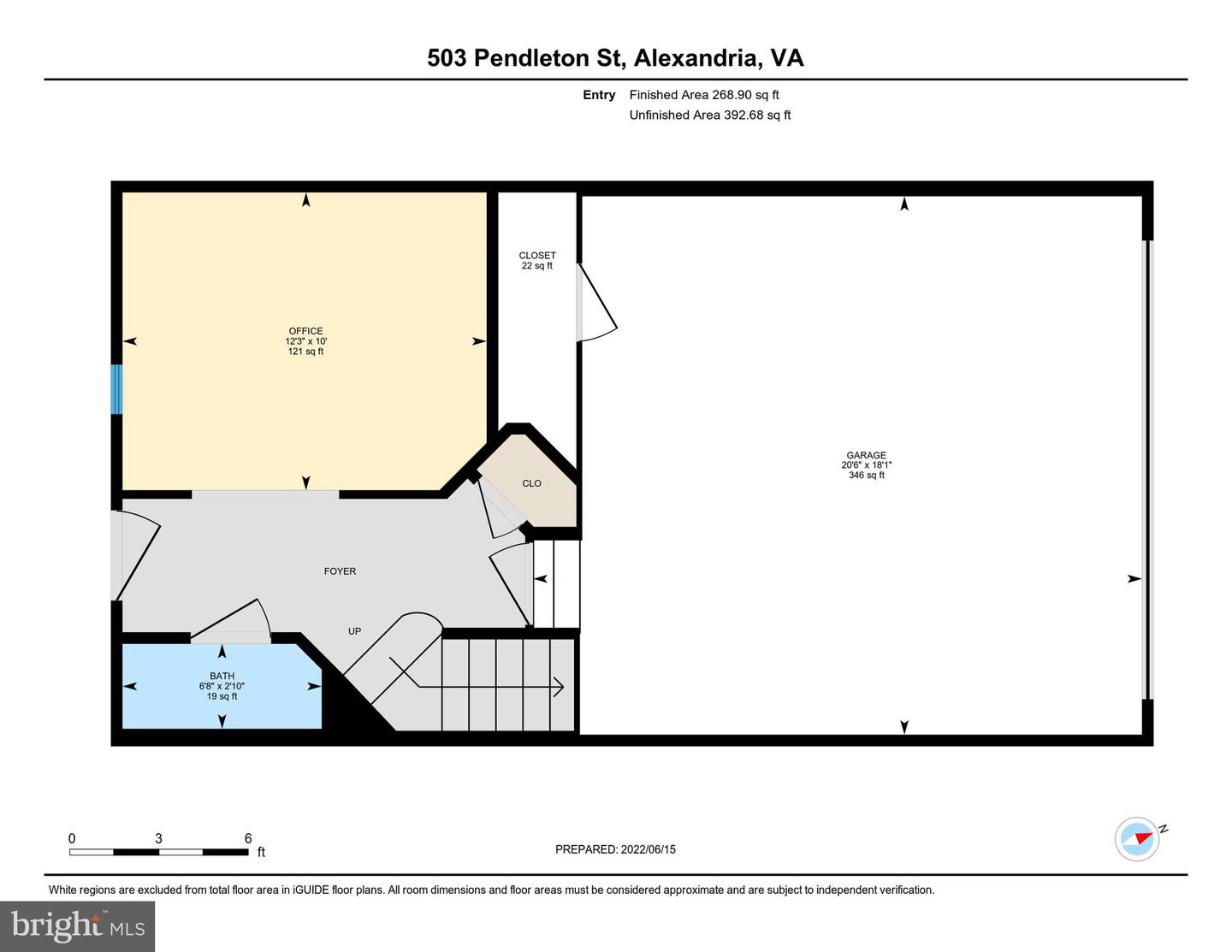 Floor plan showing an office, foyer, bath, stairs, and attached garage.