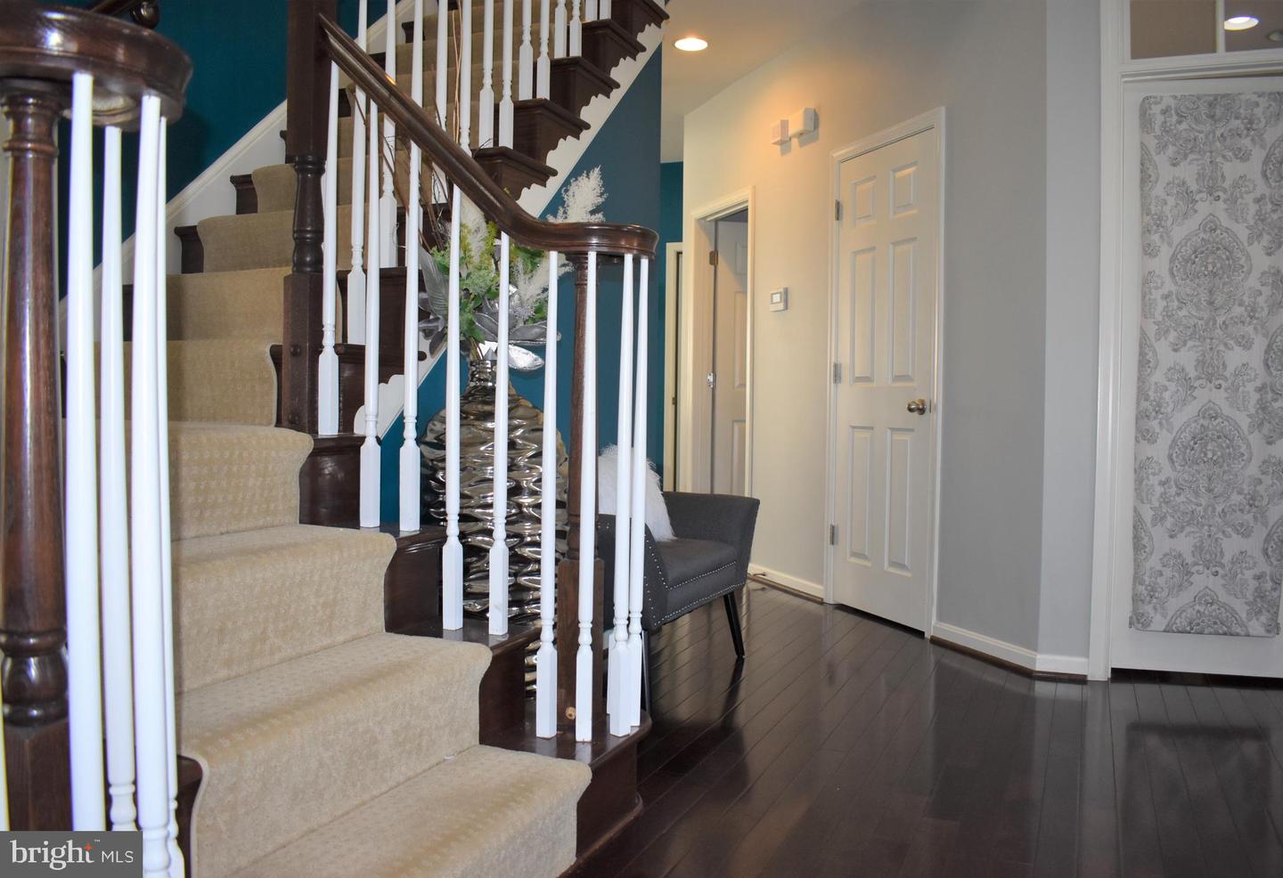 Entryway with a carpeted staircase, white balusters, dark wood flooring, and a teal accent wall.