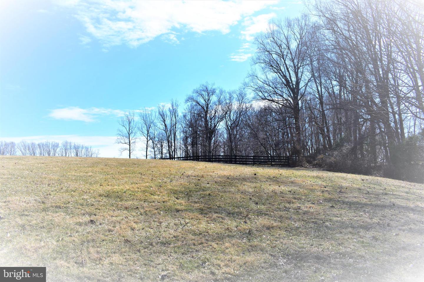 Grassy lot sloping toward a black fence and leafless woods.