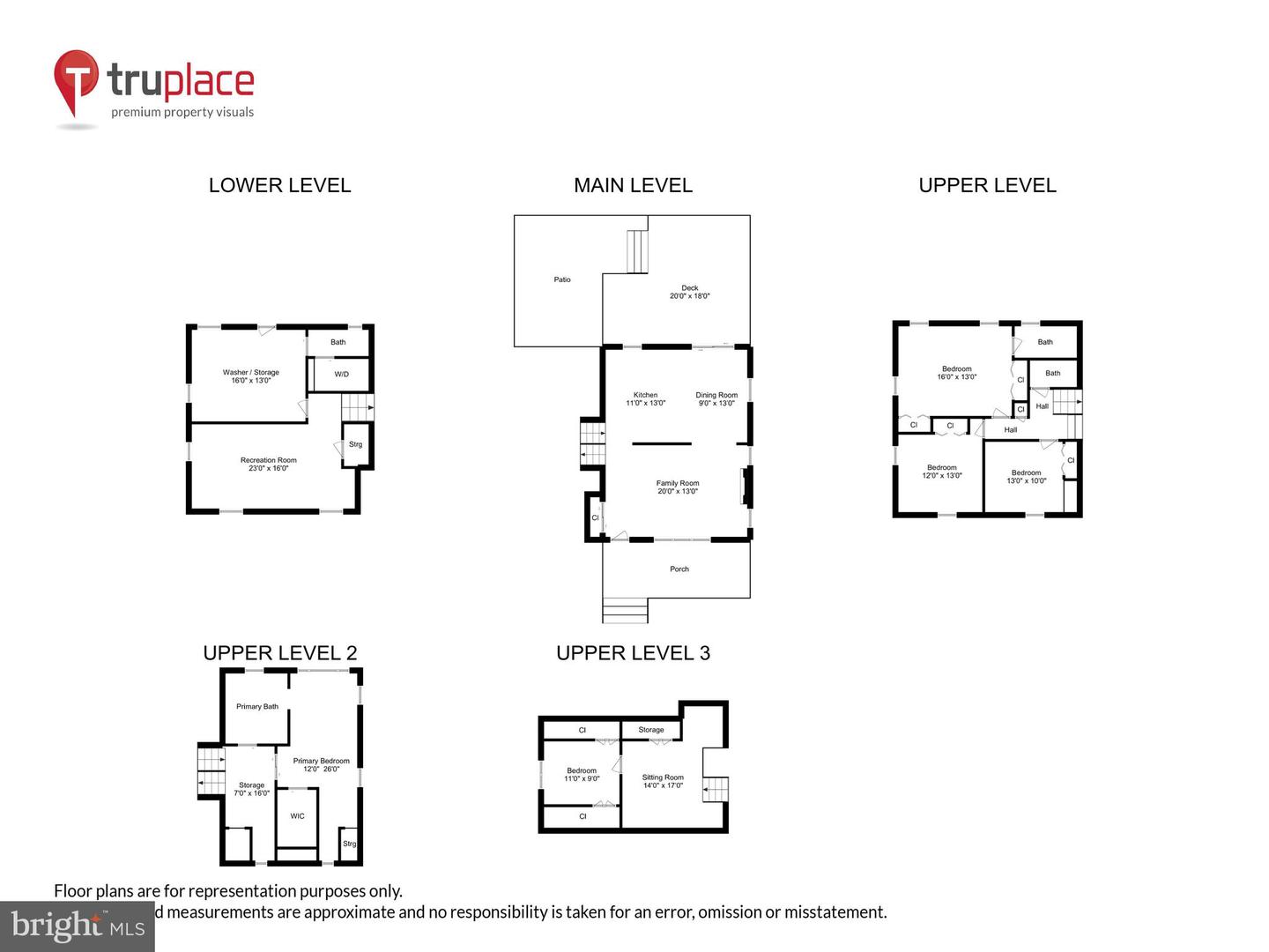 Floor plans for the lower, main, and upper levels of 1110 Croton Drive, including a patio, deck, and porch.