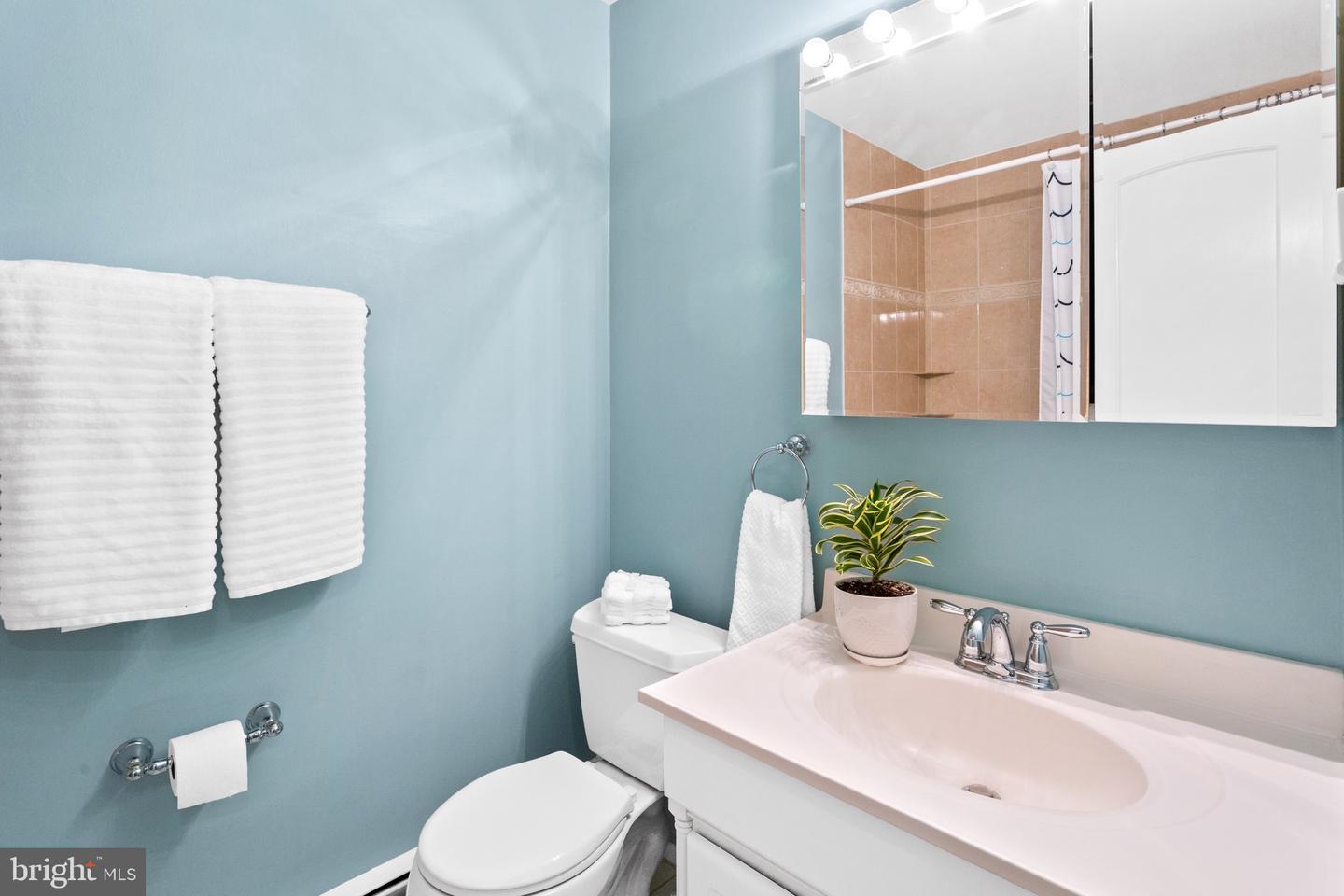 Bathroom with blue walls, white vanity and toilet, and a mirror reflecting a tan tiled shower.