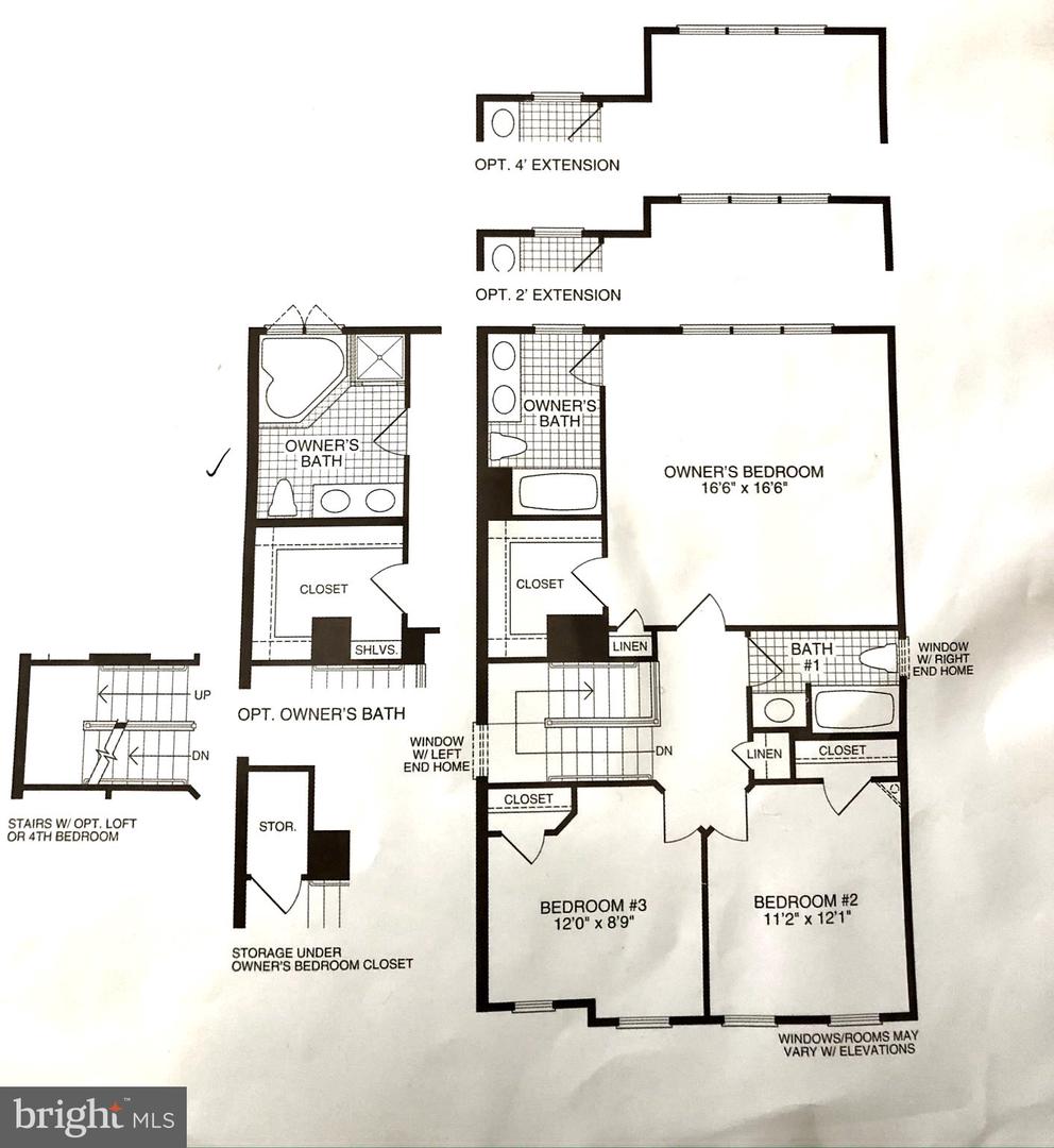 Floor plan with an owner's bedroom, two bedrooms, bathrooms, closets, stairs, and optional extensions.