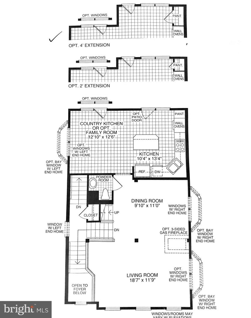 First-floor plan with living and dining rooms, kitchen, optional family room, and labeled room dimensions.