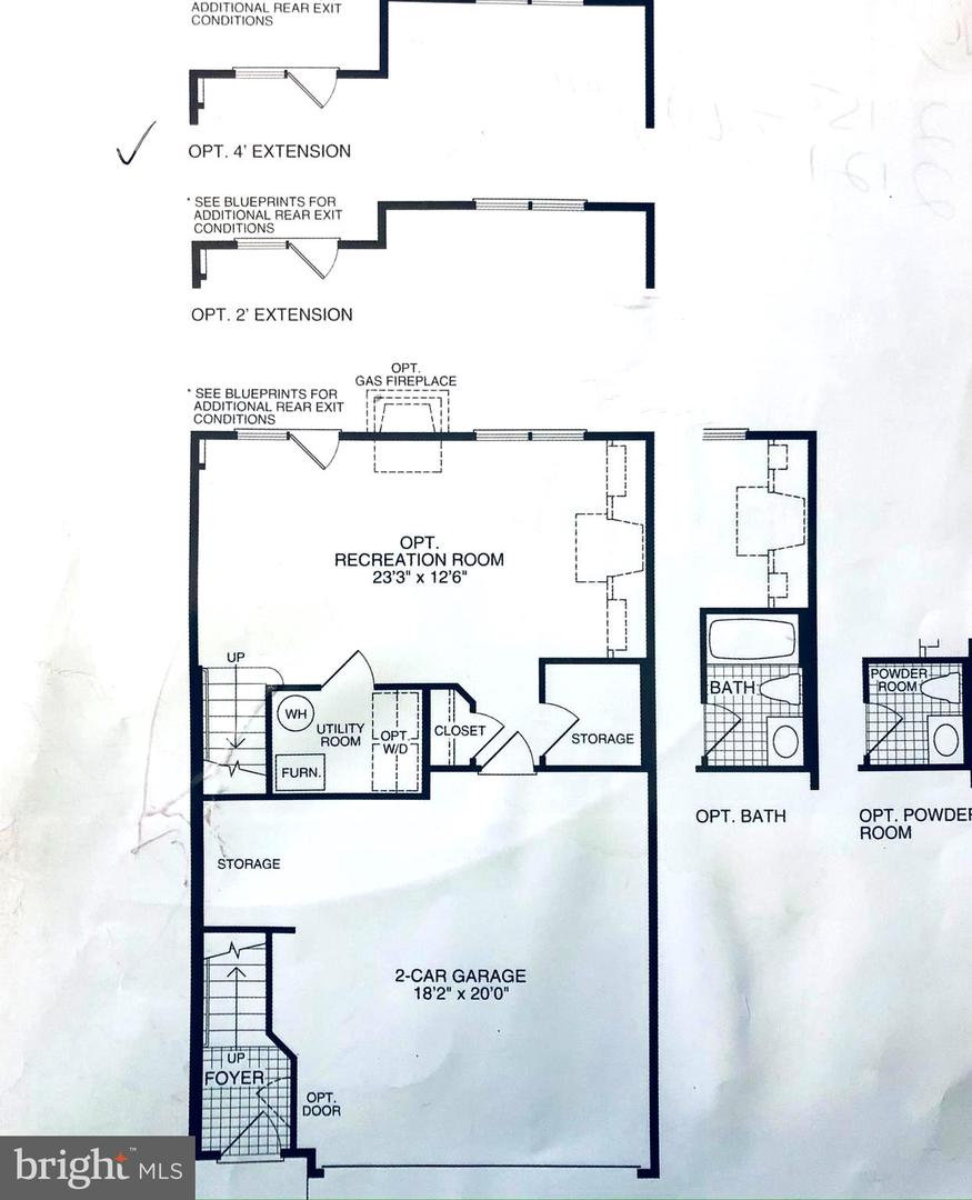 Lower-level floor plan with optional recreation room, utility spaces, foyer, two-car garage, and bath layouts.