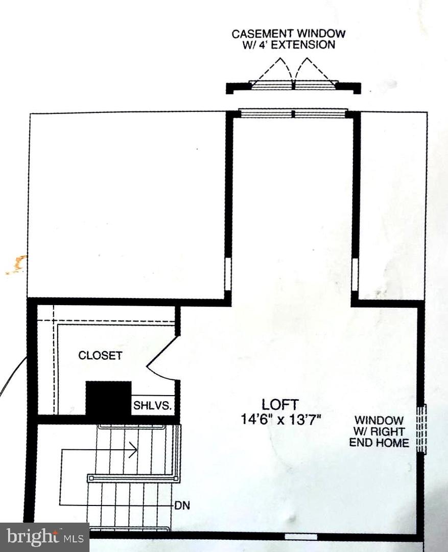 Upper-level loft floor plan with closet, shelves, stairs, and window details.