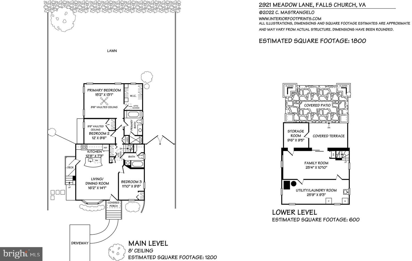 Floor plan for 2921 Meadow Lane showing the main level and lower level with room names and dimensions.