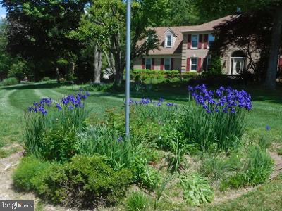 Two-story brick-and-siding house with red shutters, shaded by trees and fronted by purple irises.