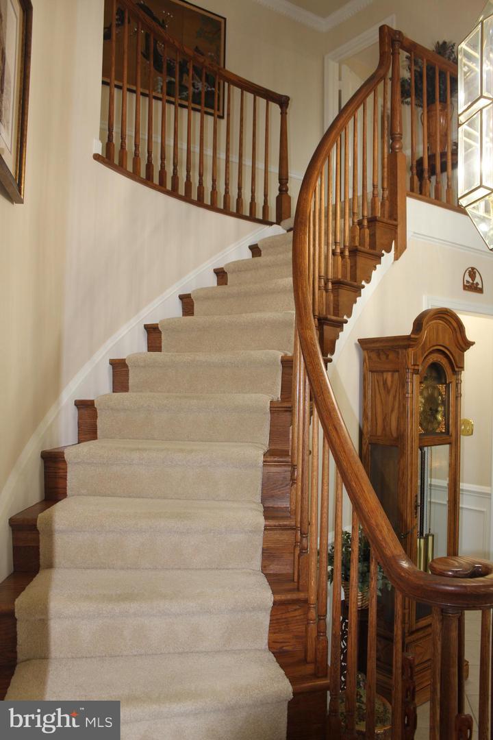Carpeted staircase with an ornate curved wooden railing and a grandfather clock.