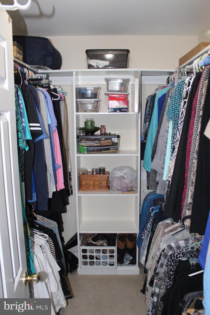 Walk-in closet with built-in shelving, hanging clothes on both sides, and shoe storage.