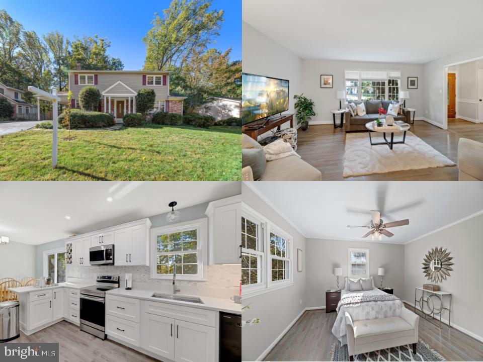 House exterior, living room, renovated white kitchen, and staged bedroom.