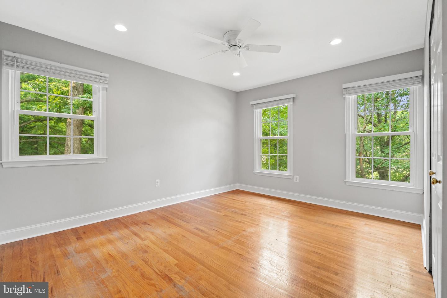 Empty room with hardwood floors, gray walls, three windows, and a ceiling fan.