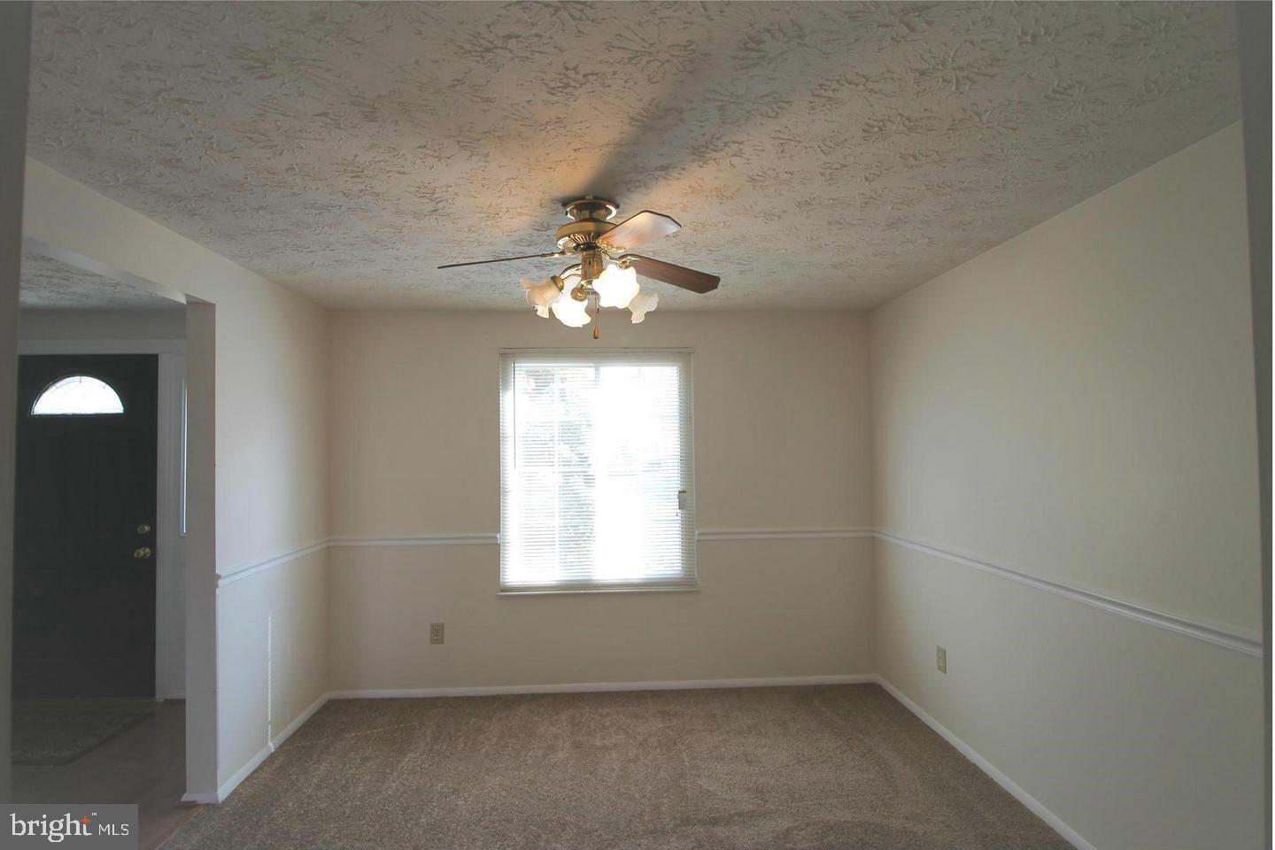 Empty carpeted living room with a ceiling fan, chair rail, and window with blinds.