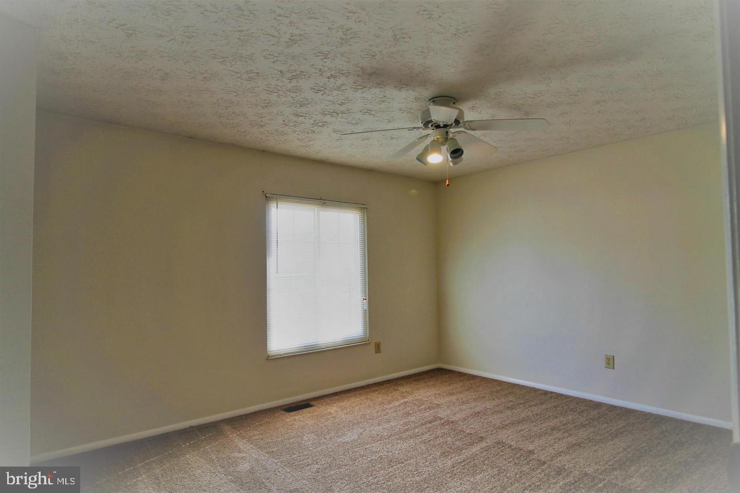 Empty carpeted bedroom with a window and ceiling fan.